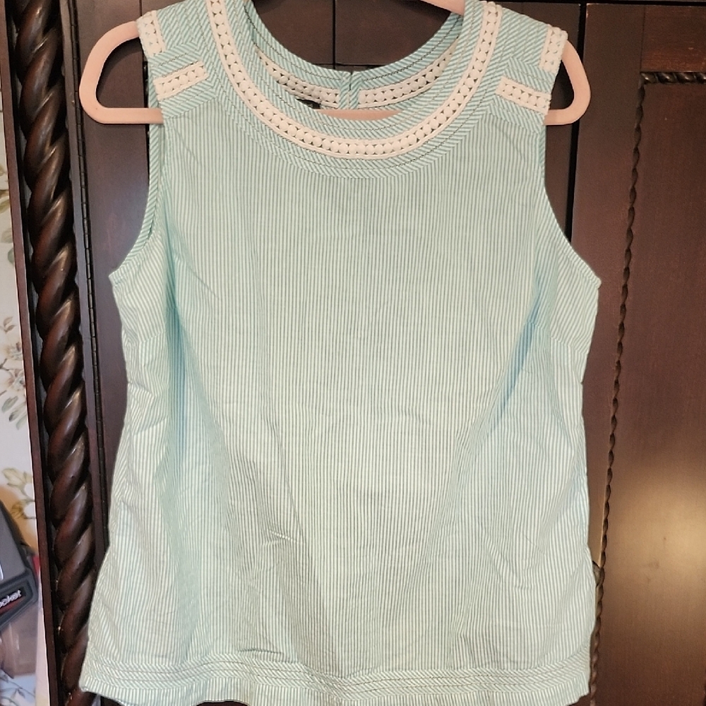 Talbots Sleeveless Mint Striped Tank with Crochet Trim